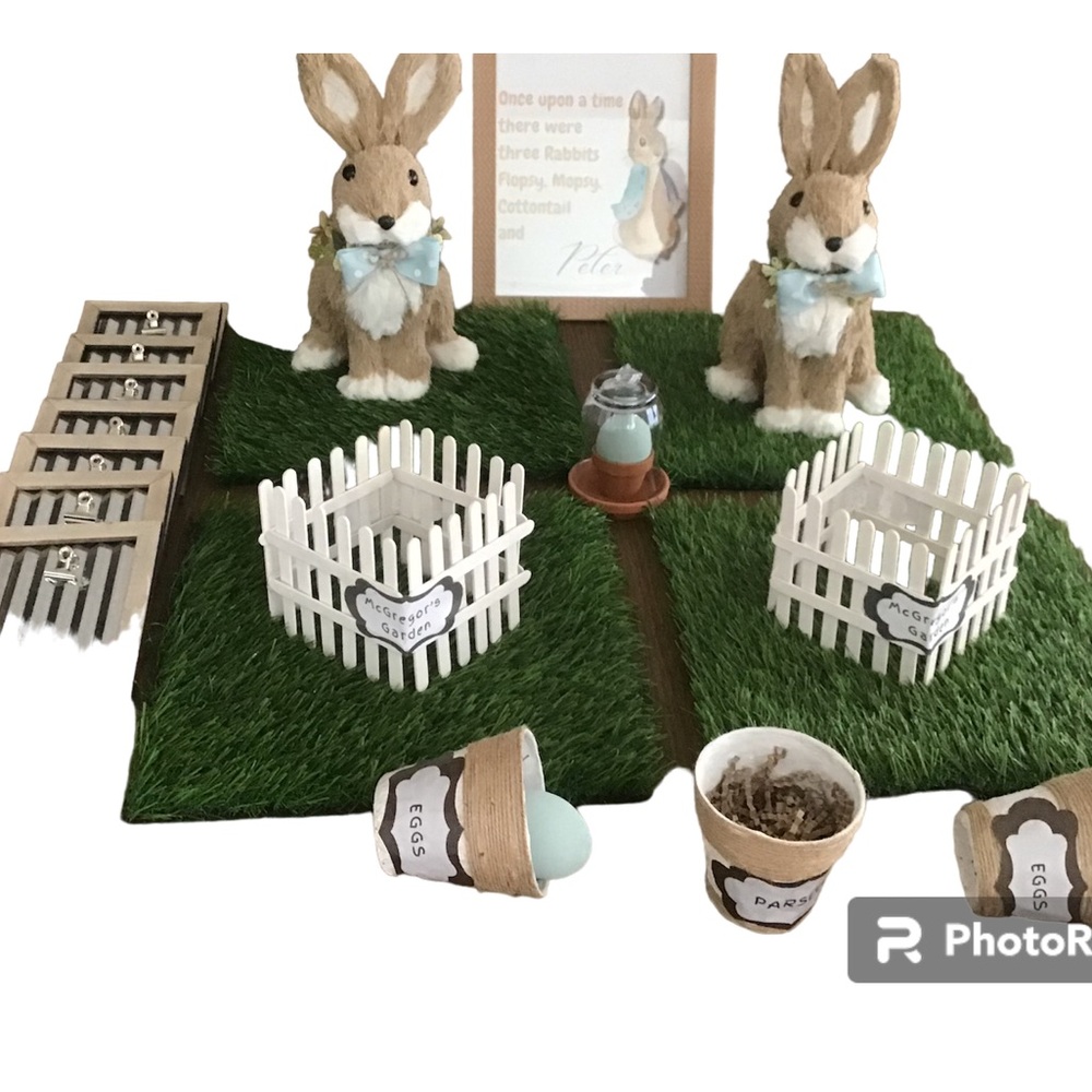 Peter Rabbit,two rabbits, fences with McGregor’s garden sign, grass, blue egg.